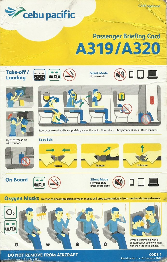 CEBU PACIFIC AIRBUS A319/A320 AIRCRAFT AIRLINE SAFETY CARD