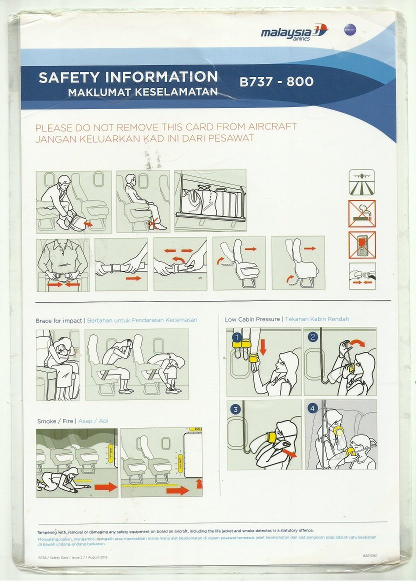 MALAYSIA AIRLINES BOEING B737-800 AIRLINE SAFETY CARD