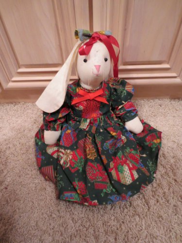 HANDMADE HOMEMADE BUNNY RABBIT STUFFED ANIMAL TOY WITH HOLIDAY DRESS