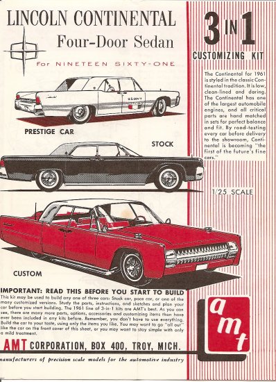 Inst Sheet 1961 Lincoln Continental Sedan 3 in 1