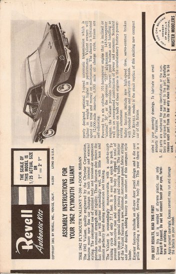 Inst Sheet 1962 Plymouth Valiant