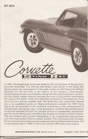 Inst Sheet 1965 Corvette Sting Ray