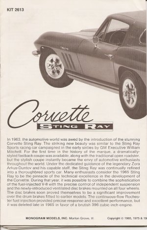 Inst Sheet 1965 Corvette Sting Ray
