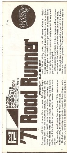 Inst Sheet 1971 Road Runner