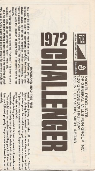 Inst Sheet 1972 Challenger