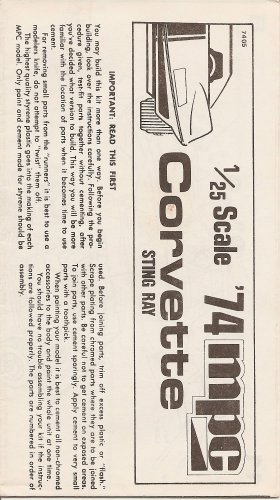 Inst Sheet 1974 Corvette Sting Ray