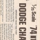 Inst Sheet 1974 Dodge Charger