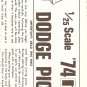 Inst Sheet 1974 Dodge Pickup