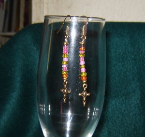 Pink E Bead Gold Cross Pierced Earrings Gold Hook