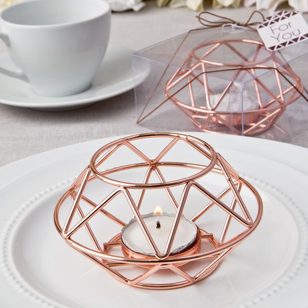 Geometric design rose gold metal tealight candle holder