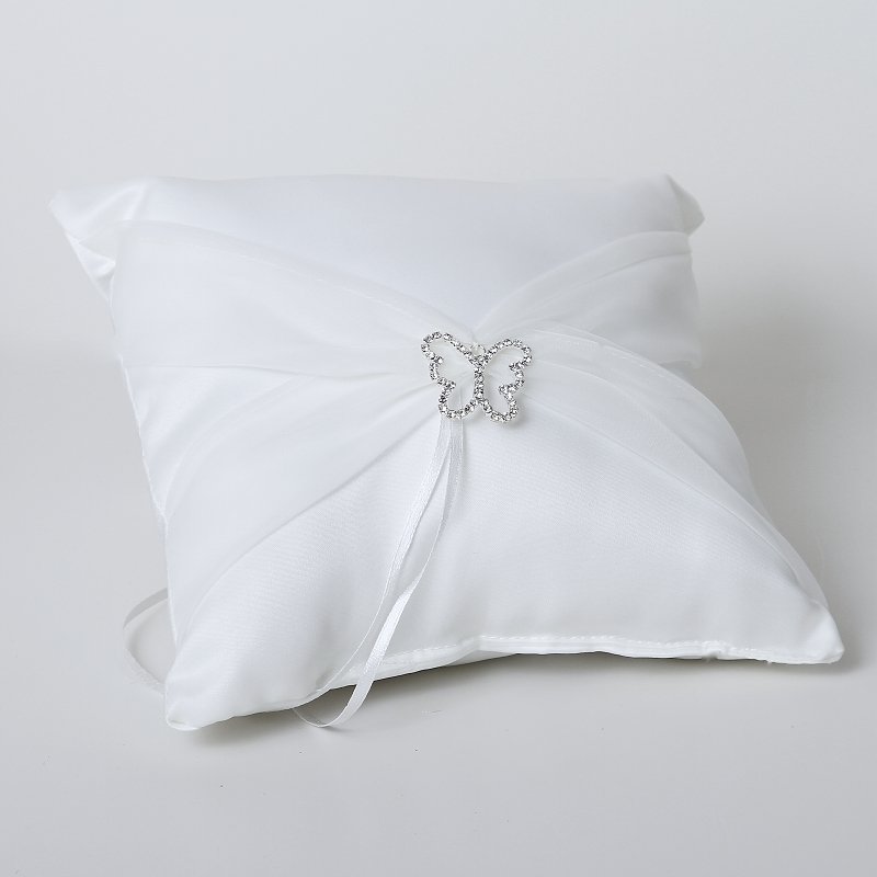 Satin Ring Pillow with Organza Sash & Butterfly Buckle - White