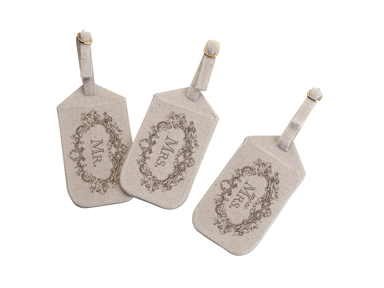 "Mr." , "Mrs." and "More Mrs." Tan Luggage Tags