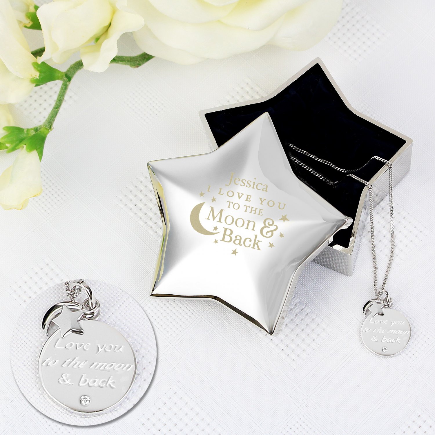 Engraved Moon and Back Star Trinket Box & Silver Pendant Gift Set