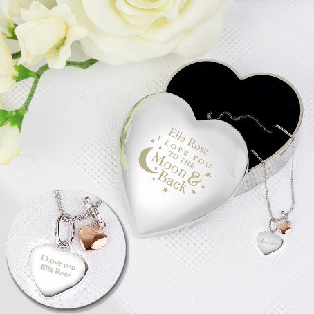 Engraved Moon and Back Heart Trinket Box & Silver Heart Pendant Gift Set
