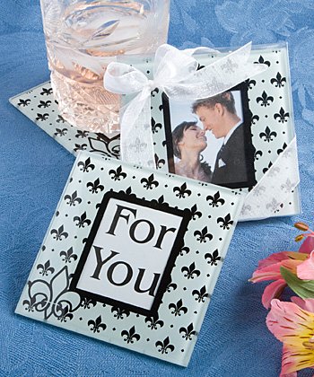 Fleur de lis design glass photo coasters