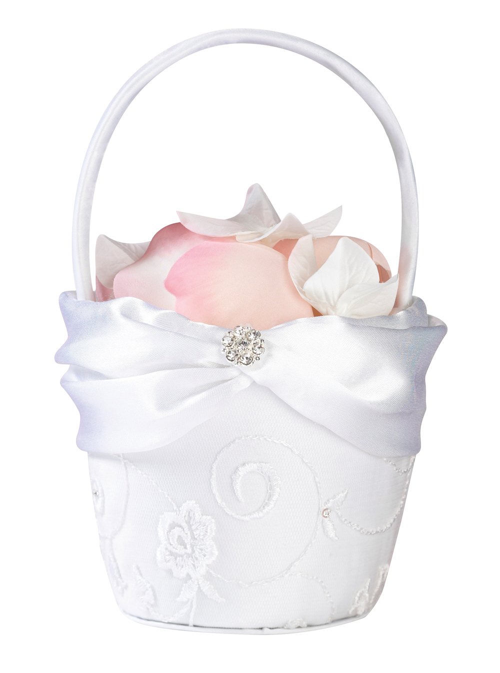 White Lace Flower Basket with Silver Flower Rhinestone