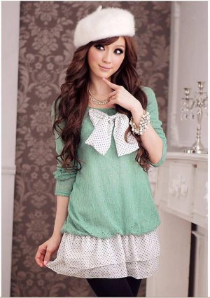 New Hot sale dresses  Gren Cotton&Chiffon Unique Dress with Ribbon
