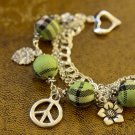 Green Tartan, Flower, Leaf and Peace Charms Bracelet