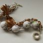 White floral cotton beads and brown satin ribbon bracelet