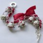 White floral cotton beads and red satin ribbon bracelet