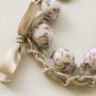 White floral cotton beads and beige satin ribbon bracelet