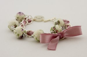 Floral cotton beads and orchid satin ribbon bracelet