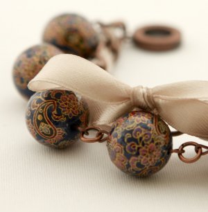 Dark Blue Beads and Beige Satin Ribbon Bracelet