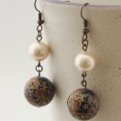 Antique Copper, Dark Blue Japanese beads and Shell Pearls Earrings