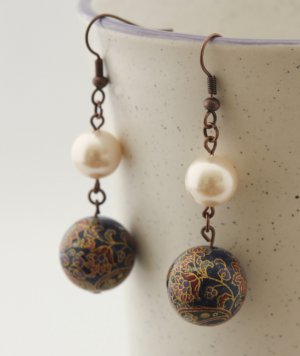 Antique Copper, Dark Blue Japanese beads and Shell Pearls Earrings