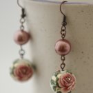 Antique Copper, Vintage Roses and Pink Shell Pearls Earrings