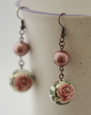 Antique Copper, Vintage Roses and Pink Shell Pearls Earrings