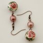 Antique Copper, Vintage Roses and Pink Shell Pearls Earrings