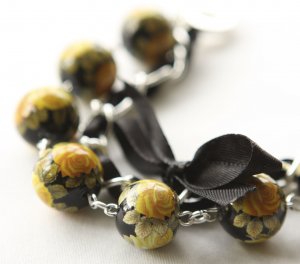 Black Satin Ribbon and Yellow Roses Beads Bracelet