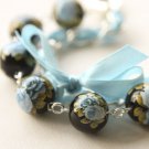 Black Satin Ribbon and Blue Roses Beads Bracelet