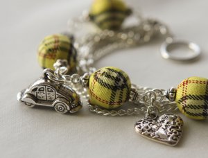 Yellow Tartan Beads and Car Charm Bracelet