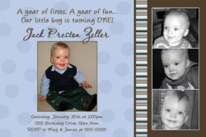 Boy First 1st Birthday Party Photo Invitation Blue Chocolate Brown