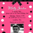 Girl First 1st Birthday Party Photo Invitation Hot Pink Black