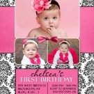 Hot Pink Black White Damask First 1st Birthday Party Photo Invitation