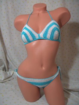 Turquoise Blue and White Bikini with Nautical Stripes (Small/Medium)