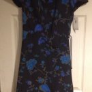 DAVID WARREN 8 Black w/ Blue Floralpattern Faux Wrap Short Sleeve Long NWT Dress