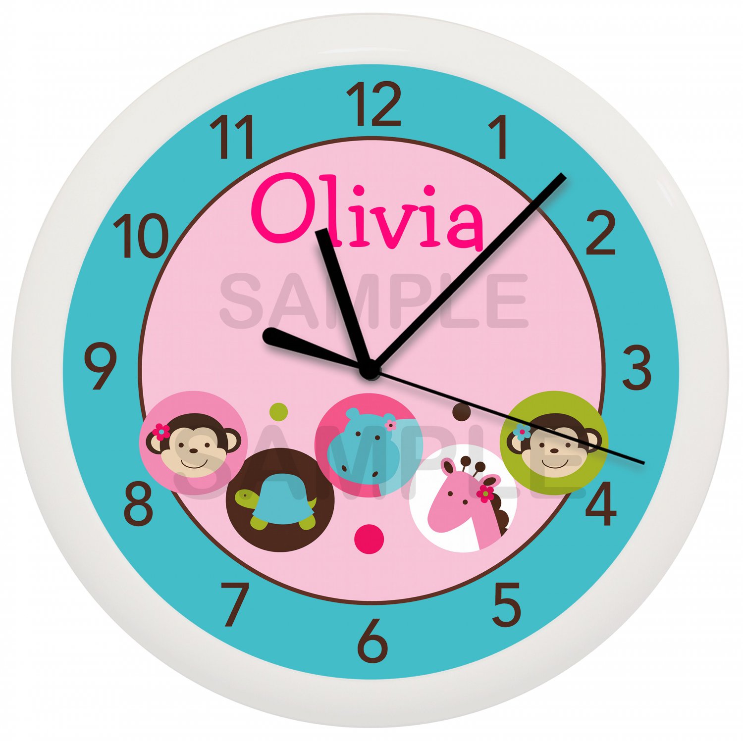 Personalized Pink Dot Safari Jungle Nursery Wall Clock