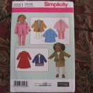 SIMPLICITY # 3551 AMERICAN GIRL 18" DOLL CLOTHES PATTERN COATS NEW
