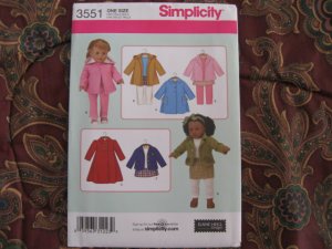 SIMPLICITY # 3551 AMERICAN GIRL 18" DOLL CLOTHES PATTERN COATS NEW