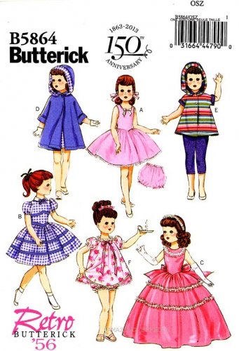 BUTTERICK  5864 18" DOLL CLOTHES PATTERN NEW RETRO 1956 DRESS, COAT, SLIP & BLOOMERS UNCUT