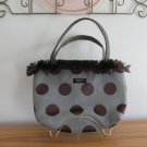 BAGOLITAS WOMEN'S HAND BAG GRAY W/ BROWN DOTS UPHOLSTERY SATCHEL MEDIUM SIZE PURSE FRINGED TOTE