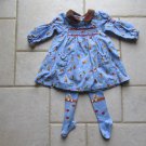 LE TOP GIRL'S SIZE 6 mo. DRESS & TIGHTS LIGHT BLUE CORDUROY COWBOY PRINT SMOCKED COUNTRY LS