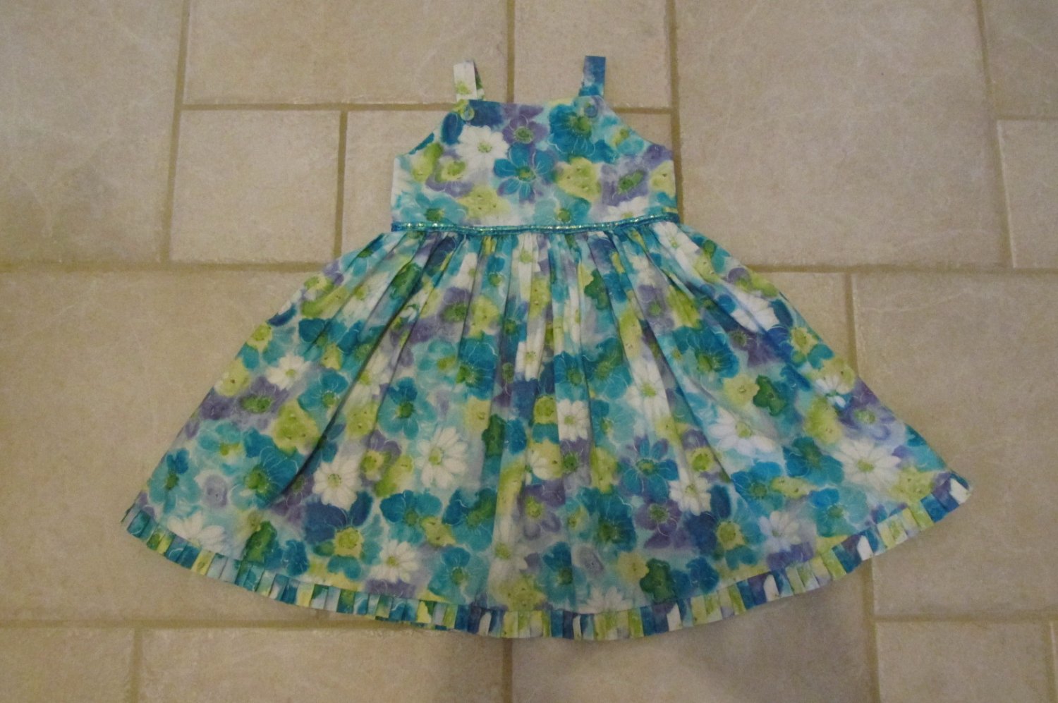 BEBEMONDE GIRL'S SIZE 3 DRESS TURQUOISE, LAVENDER, AQUA FLORAL BATIK IMPRESSIONIST SPRING EASTER SUN