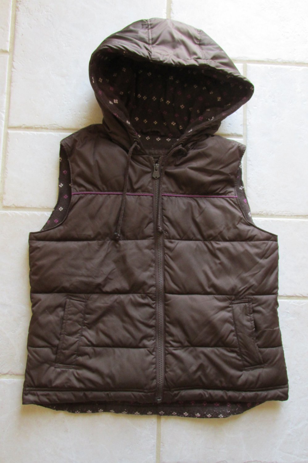 OLD NAVY JUNIOR'S SIZE M VEST BROWN JACKET W/ HOOD PUFFER OUTERWEAR COAT WOOL & ANGORA LINING