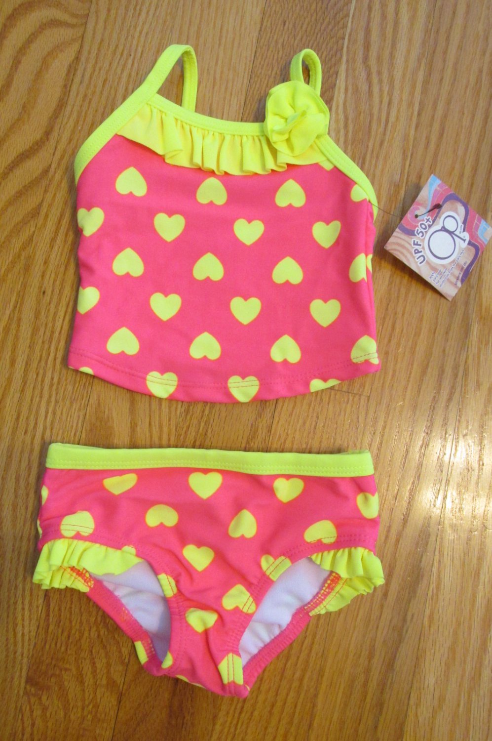 OP OCEAN PACIFIC GIRL'S SIZE 3-6 mo. SWIM SUIT NEON PINK & YELLOW HEART ...