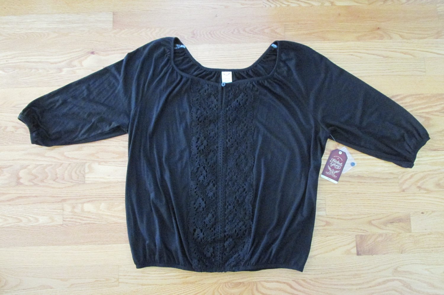 FADED GLORY WOMEN'S SIZE 1X 16 W PEASANT TOP BLACK CROCHETED LACE 3/4 SLEEVES  NWT